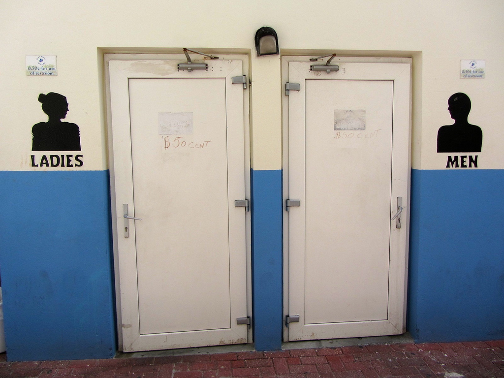 A photograph of the entrances to public men's and women's restrooms.