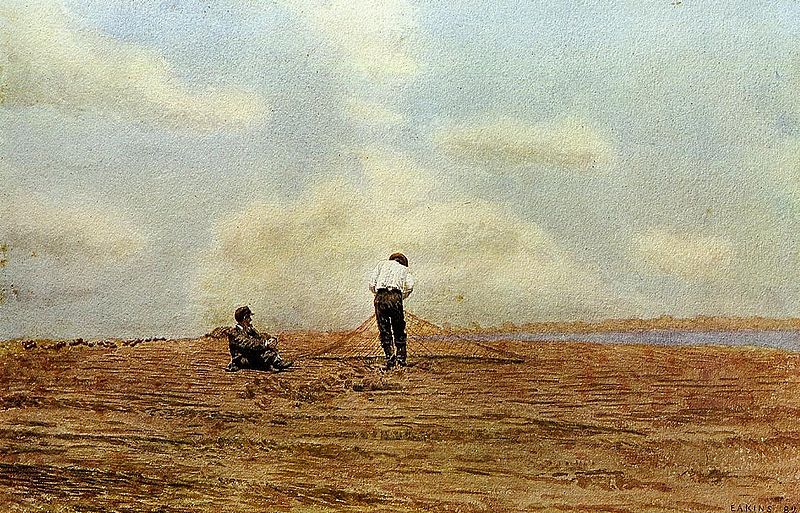 Illustration of two people holding a net in a barren place