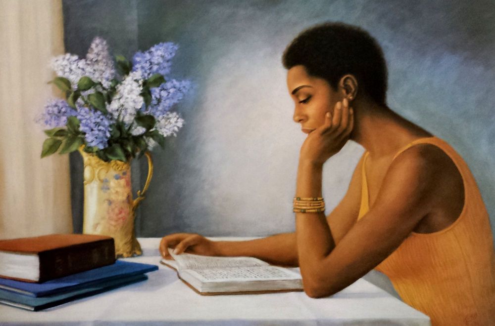 A painting of a woman reading at a desk.