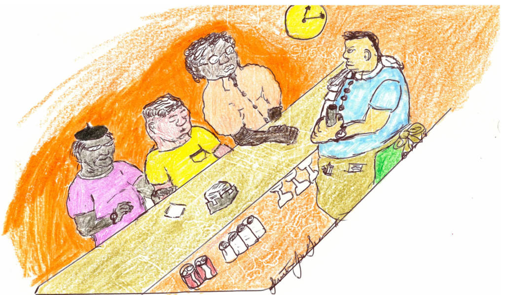 An illustration of three people sittingat a lunch counter/bar with a server standing behind it.