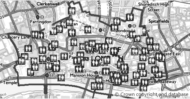 A digital map of public restrooms provided in London.