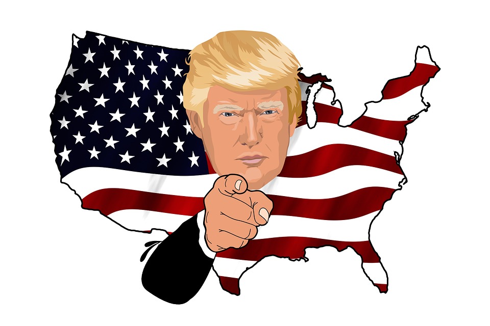 An illustration of President Trump's face, superimposed on an image of the American flag.