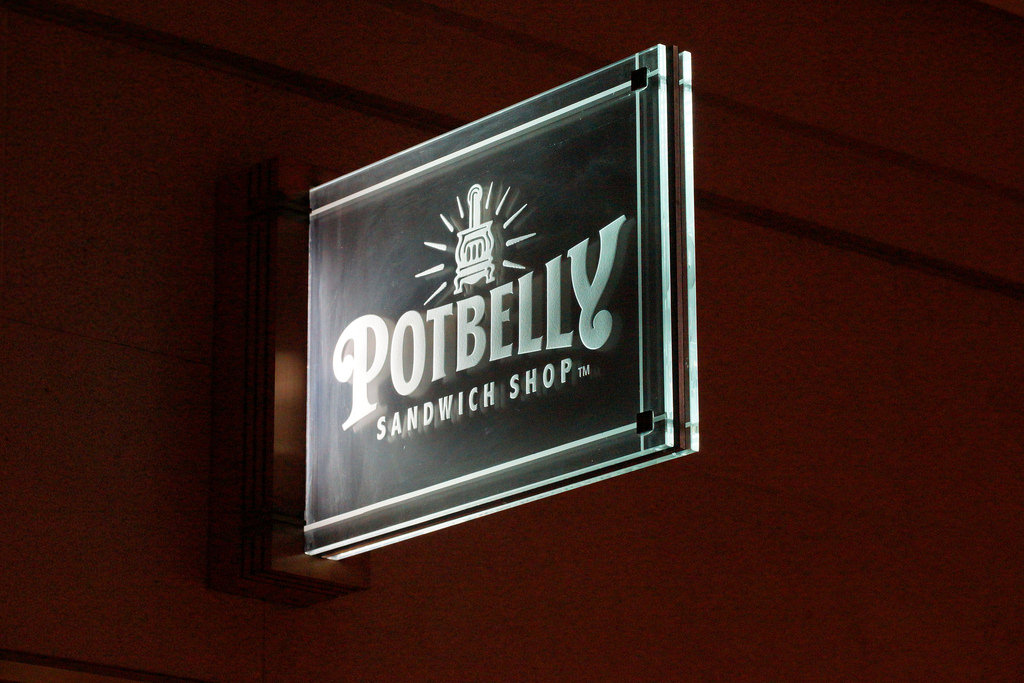 A photograph of a Potbelly sandwich shop sign.