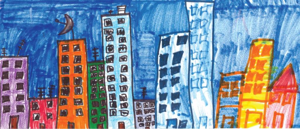 A child's illustration of a cityscape.