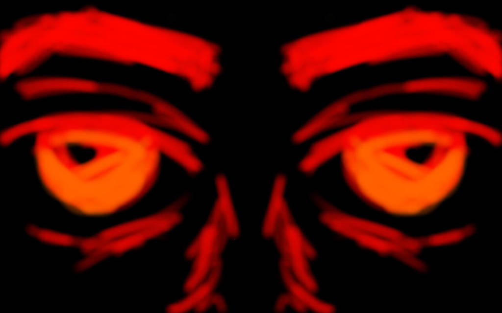 A red, black, and gold illustration of a pair of rage-filled eyes