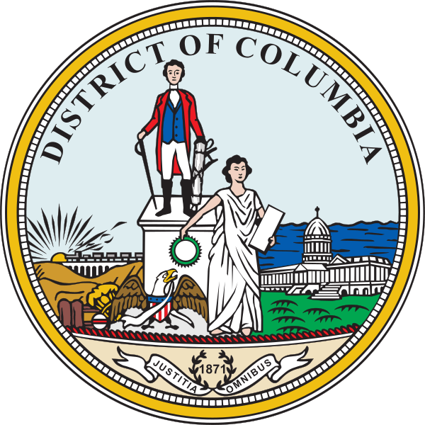 The Seal of the District of Columbia, featuring two people and an eagle in front of the Capitol building on a field of blue