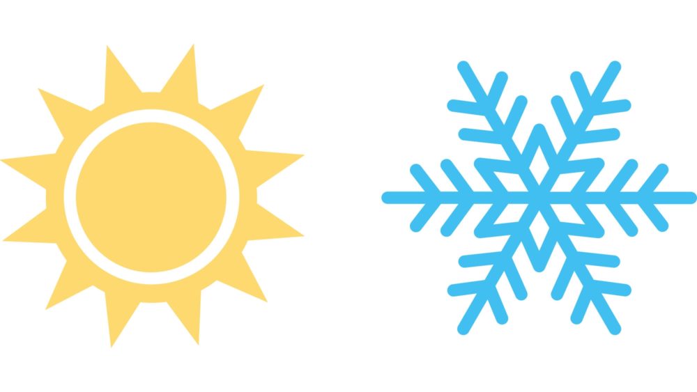 Graphic of a sun and a snowflake.