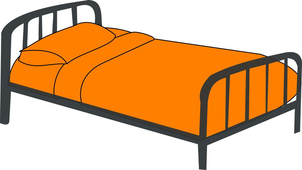 Clip art drawing of a bed with a metal frame and an orange bed spread