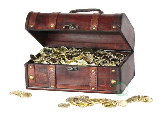 A photo of a treasure chest with coins.