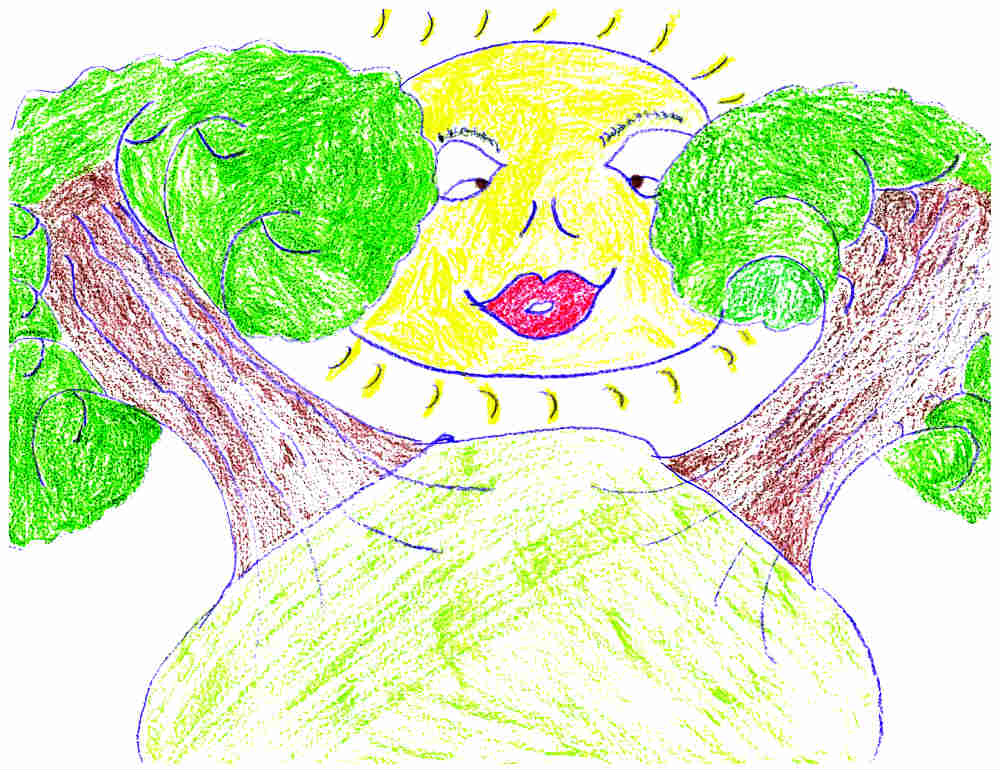 A drawing of a smiling sun over between two trees over a hill