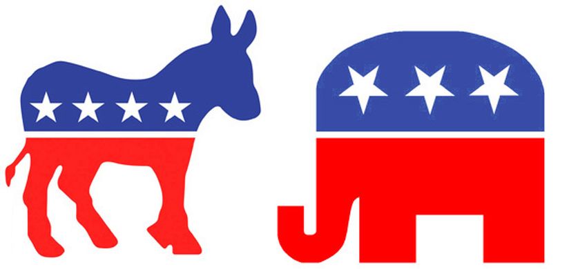 An image of a red white and blue donkey and elephant.