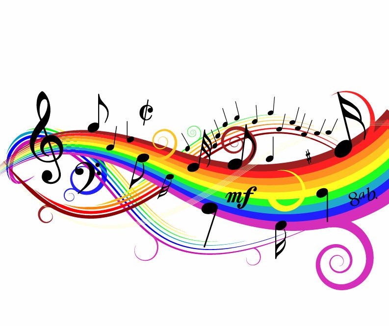 Clipart of a rainbow and musical notes.