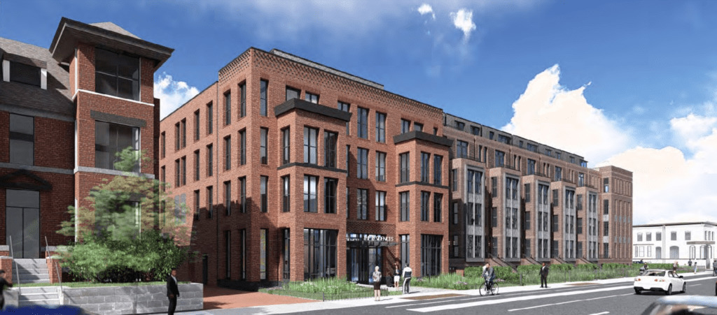 Image of proposed design for the 150-unit apartment building behind the Masonic Temple