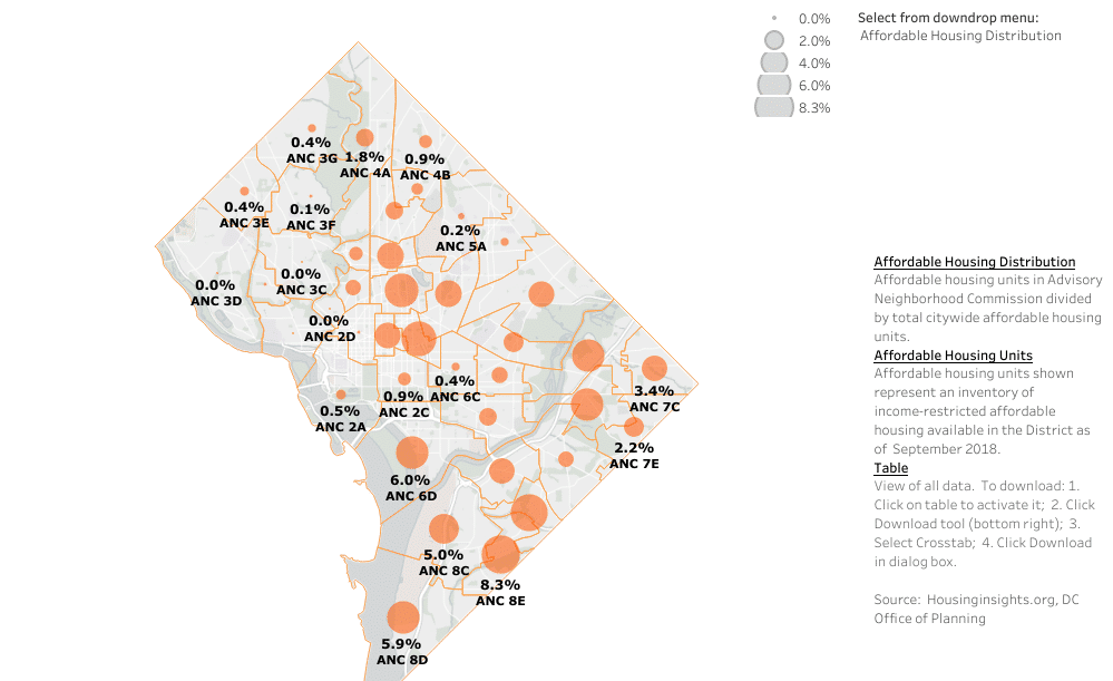 A map showing the distribution of affordable housing units across DC.