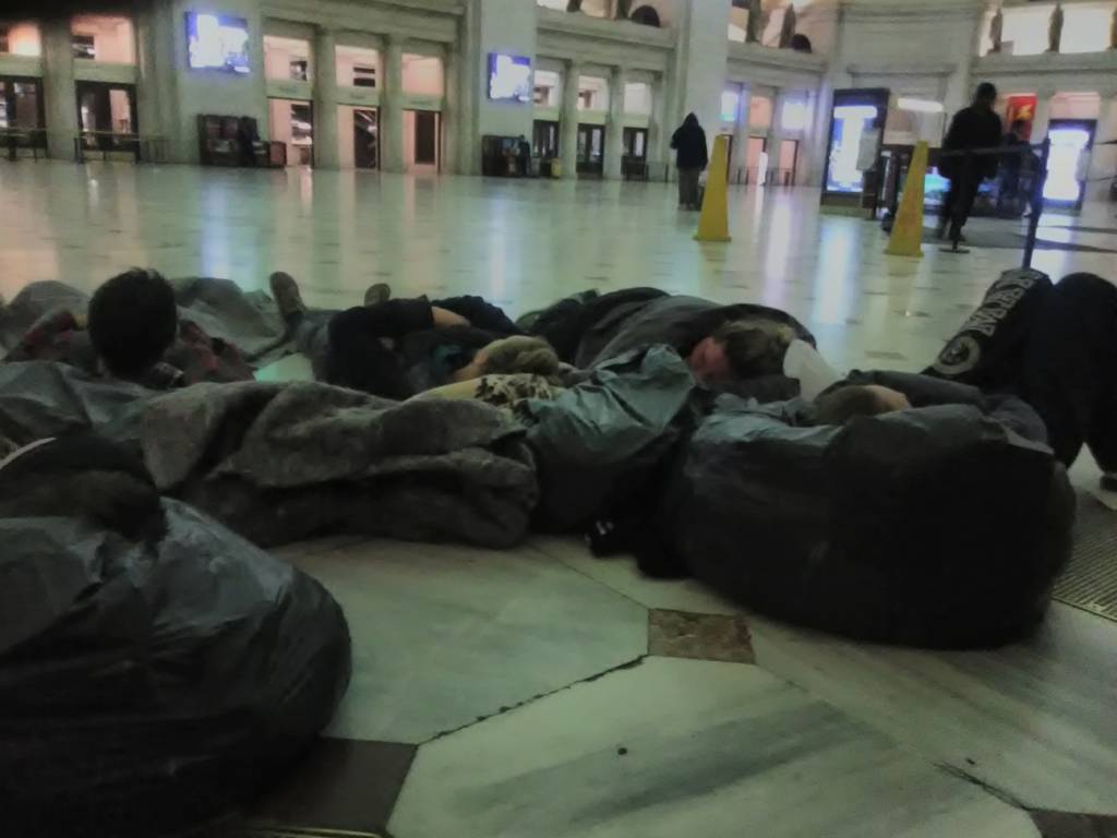A photo of students sleeping at Union Station