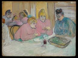 A photo of a drawing of three ladies at a dining table.
