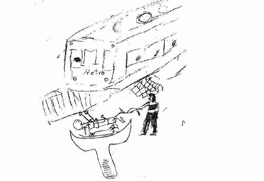 Photo of a drawing of a metro car and a police officer tasing a man in a dustbin.