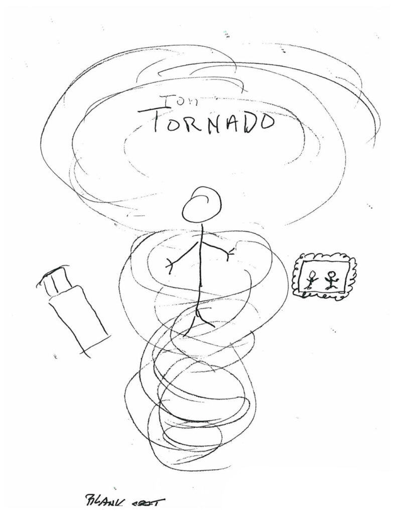 An illustration showing a figure in a tornado.
