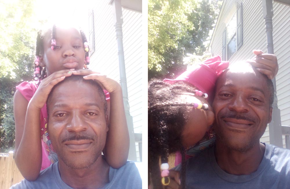 Two photos of Andre Brinson's daughter sitting on his shoulders