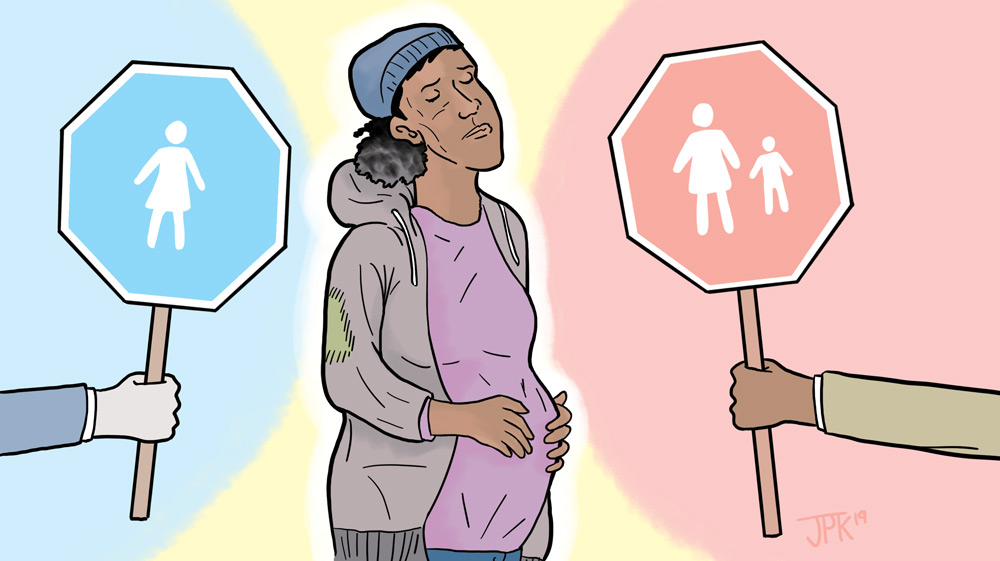 An illustration depicting a pregnant and homeless woman caught between to "stop" signs - one featuring an individual and one featuring an individual holding the hand of a child.