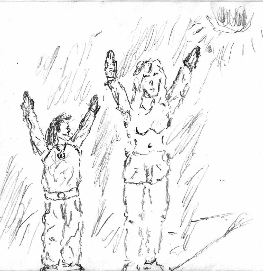 In a sketched illustration, two people stand witht heir hands above their head towards the sky.