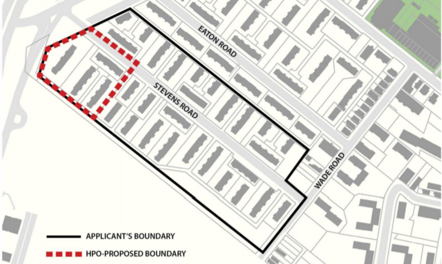 A diagram of the Barry Farm community showing the respective boundary proposals from the State Historic Preservation Office and the applicant.
