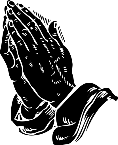 In a black and white sketch, two hands are held together in prayer.