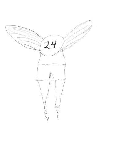 A drawing of a pair of wings on a basketball jersey labelled '24'.