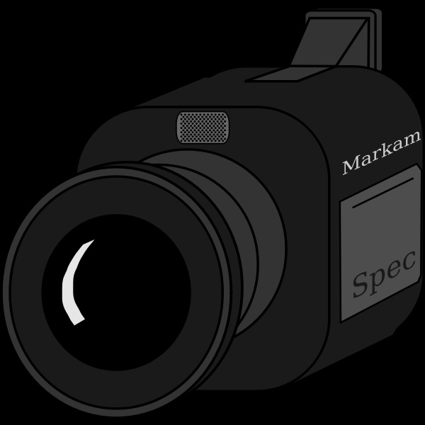 A drawing of a black video camera with a glare on the lens