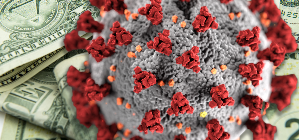AA computer rendering of a coronavirus on a backdrop of a pile of cash