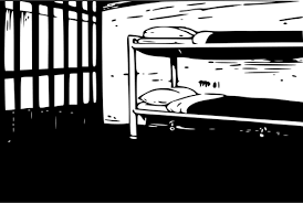 A black and white drawing of a jail cell depicting a bunk bed with mattresses with sheets and pillows and jail cell bars
