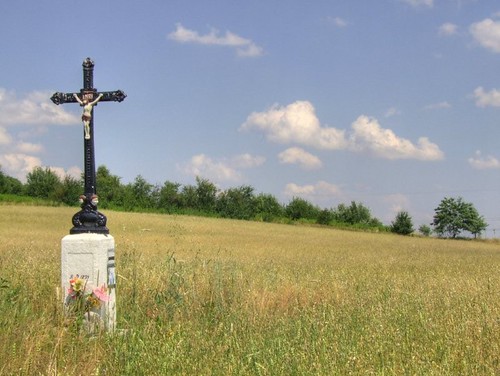 A photo of a cross in a field.