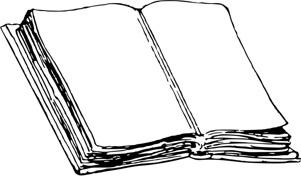 A black and white drawing of an open book