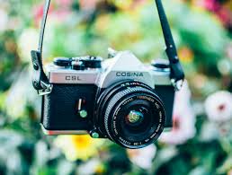 Film camera hanging in front of a blurry background depicting green leaves, and pink and yellow flowers.
