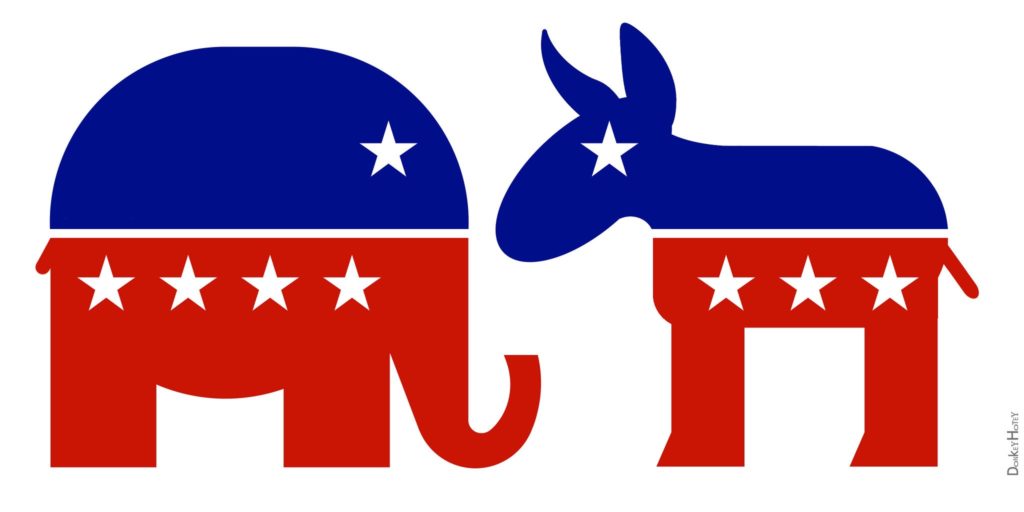 A cartoon of an elephant and a donkey. Both animals are half solid red and half solid blue and have stars lining the border between the two colors