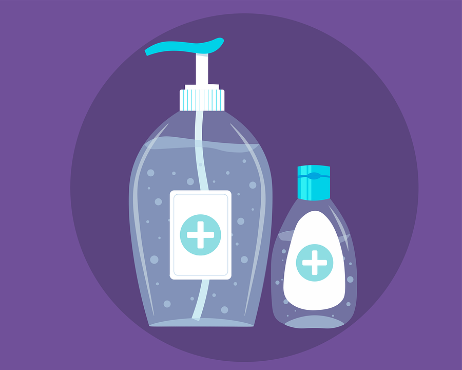 A computer drawing of two bottles of hand sanitizer against a purple background.