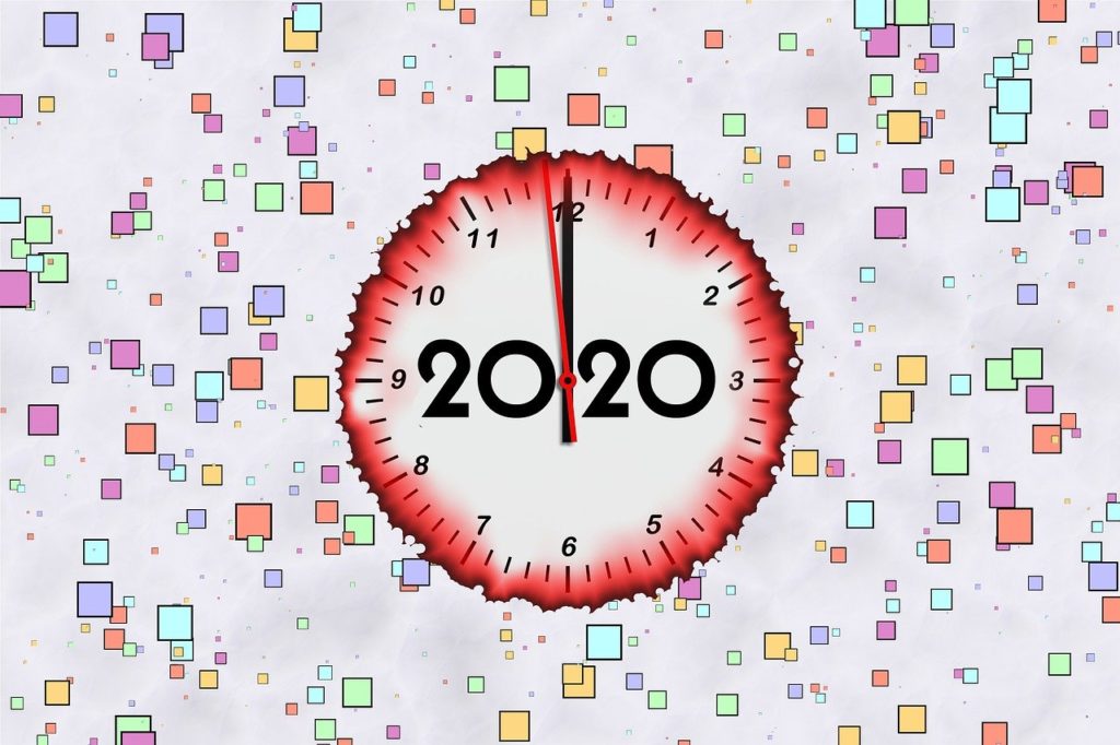 An illustration of a clock showing the year 2020
