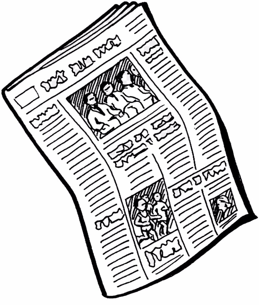 A black and white drawing of a newspaper