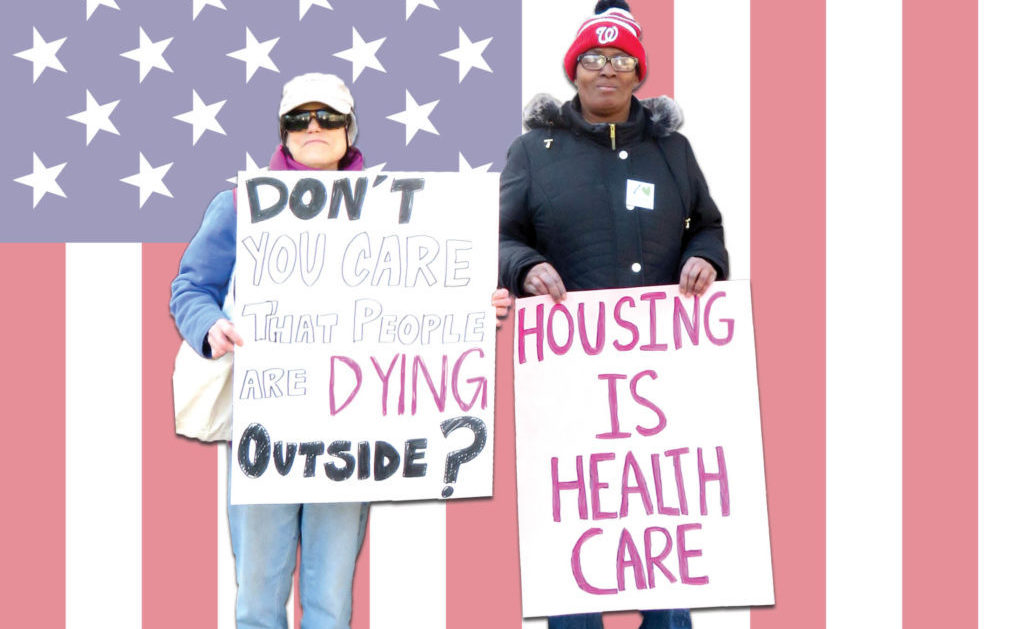 Photo of two women carrying signs that read, "Don't you care that people are dying outside?" and "Housing is healthcare."