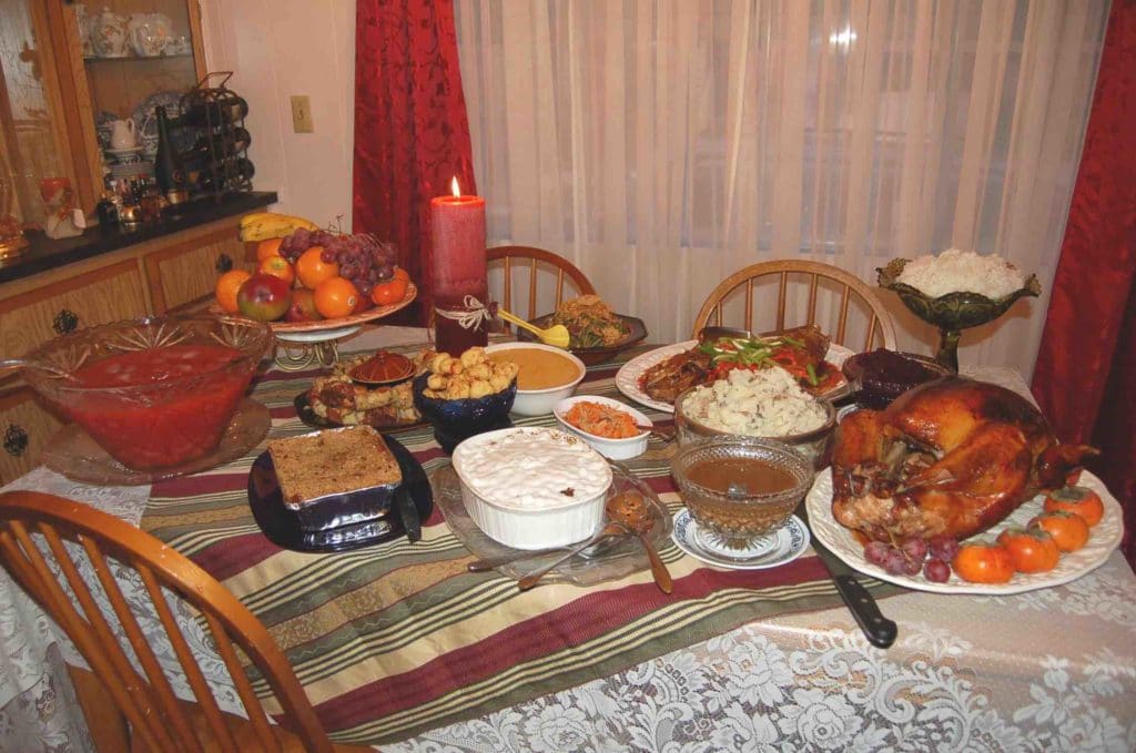 Thanksgiving foods included a turkey, a bowl of mashed potatoes, a bowl of cranberry sauce and a pile of vegetable sit on a table covered by a dark red, green, and orange checkered table cloth