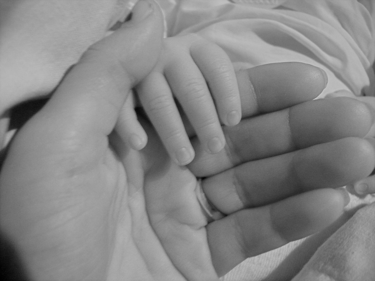 Black and white photo of a hand holding a baby's hand
