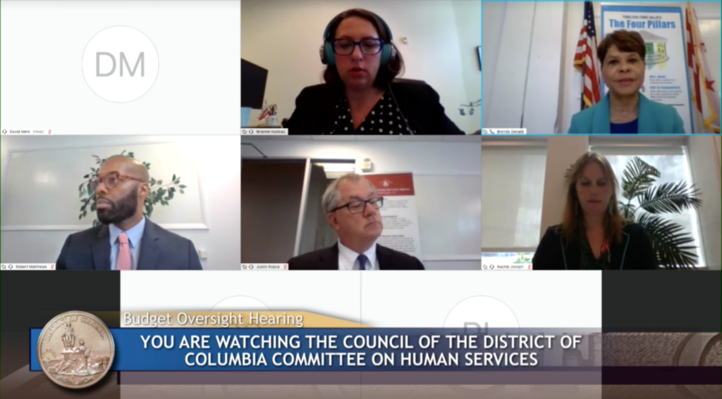 Screenshot of a virtual budget oversight hearing with the Committee on Human Services. There are eight people on screen, only five of them have their cameras on. Those whose faces are shown from left to right: Brianne Nadeau, Brenda Donald, Robert Matthews, Justin Kopca and Rachel Joseph.