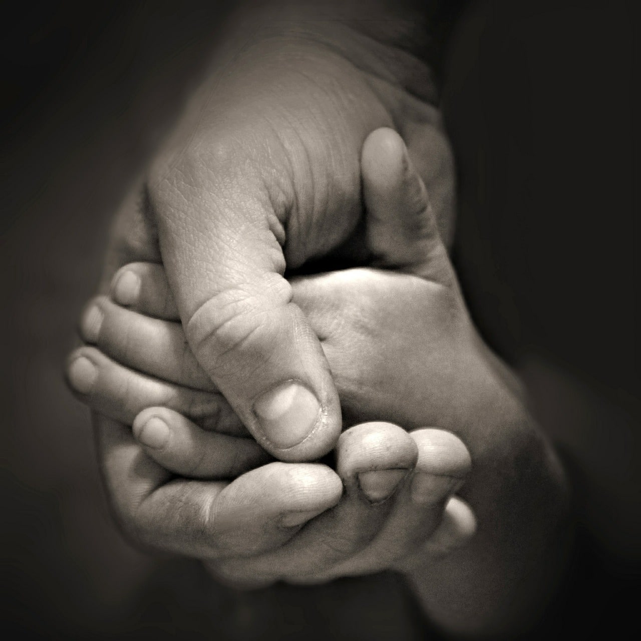 A photo of an adult hand holding onto a baby's hand. Colors washed out, vignette.