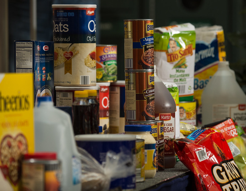 Close up photo of initial food donations on stage in the Whitten Building patio, Washington, D.C. on Friday, June 17, 2016 for the 2016 Feds Feed Families U.S. Department of Agriculture (USDA) Kickoff.