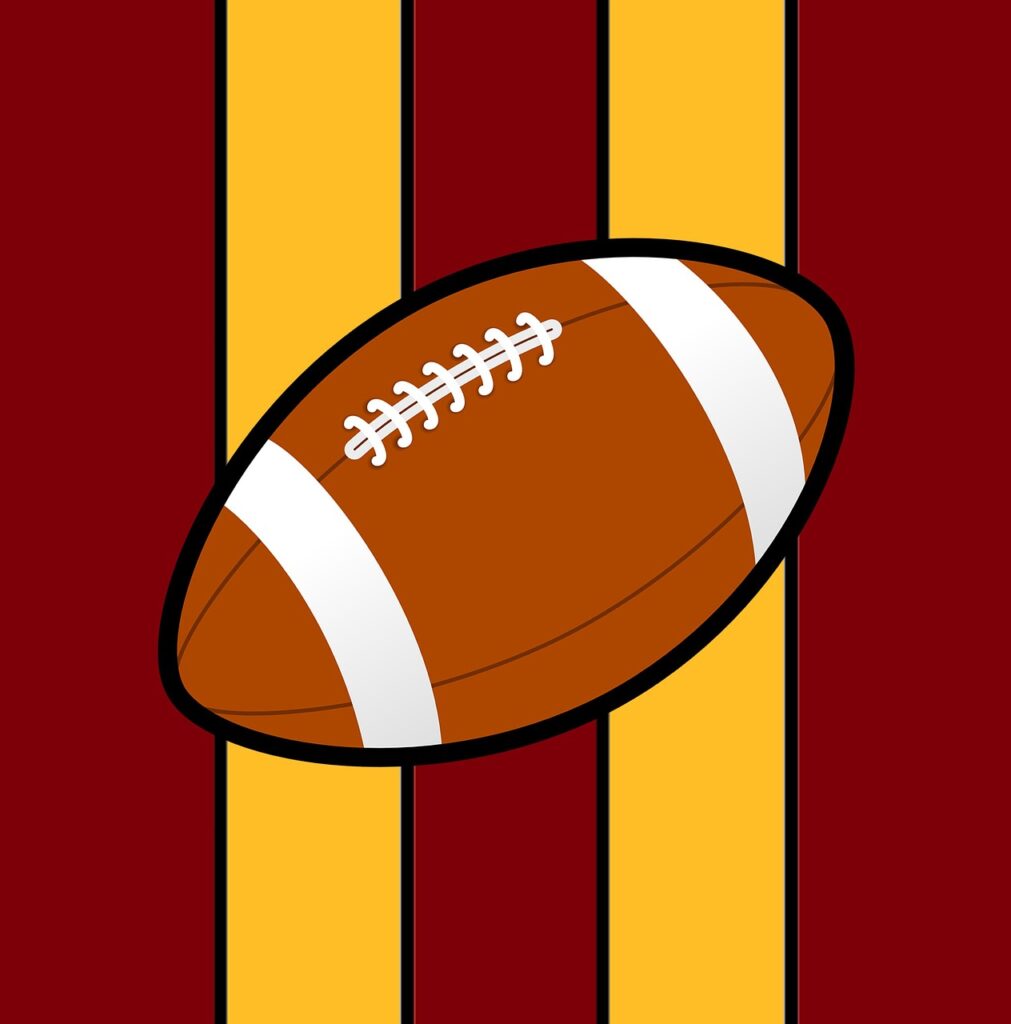 Graphic of football in front of striped red and yellow background