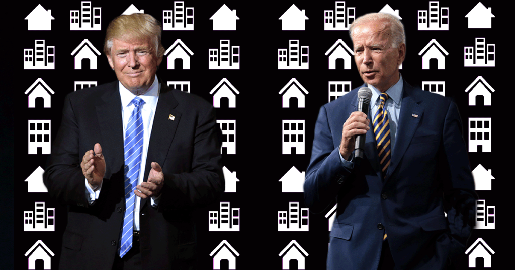 Photos of both candidates, cut out, on top of a black background with white icons depicting houses and apartment buildings.