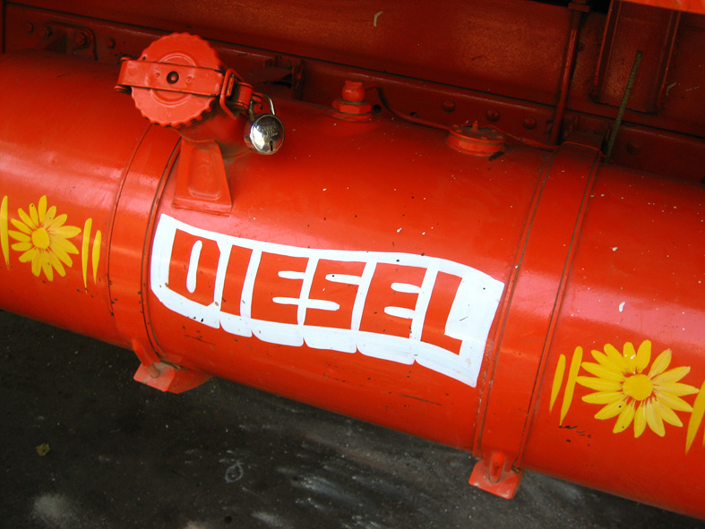 The word diesel is painted across a red tank.