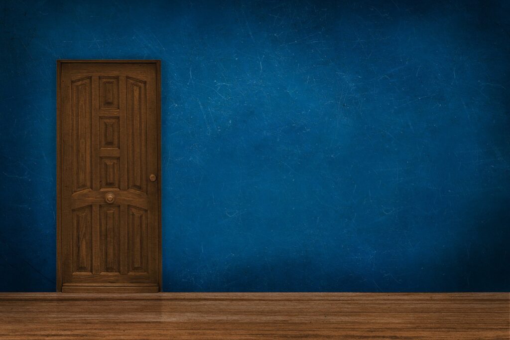 A closed brown door inset in a blue wall.