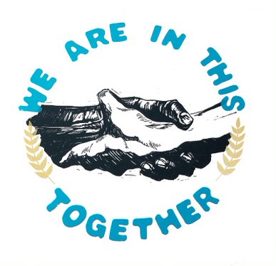 Two people holding hands with the text "We are in this together"