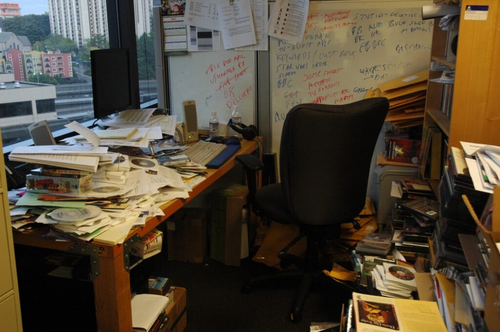 A photo of a messy office.